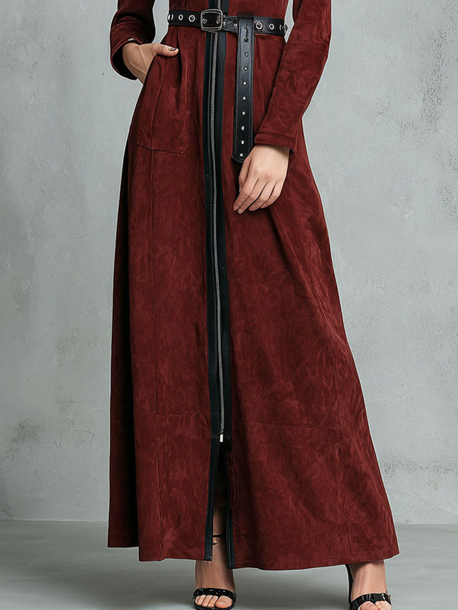 Contrast Trim Burgundy Eco Suede Maxi Dress With Zipper And Belt