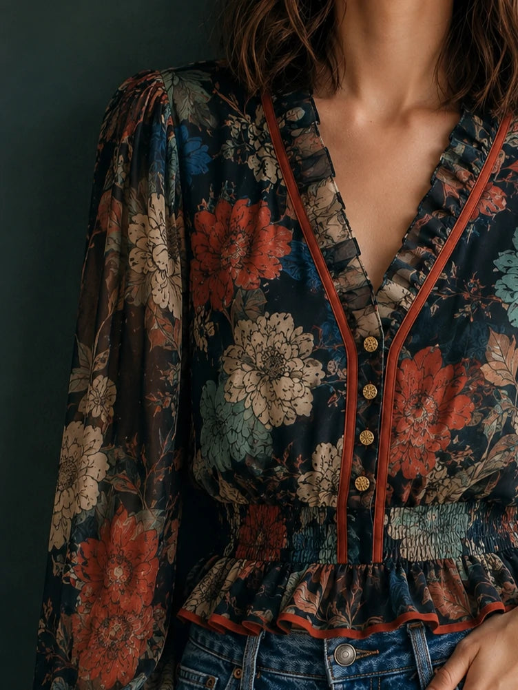 Dark Floral V-Neck Smocked Peplum Blouse