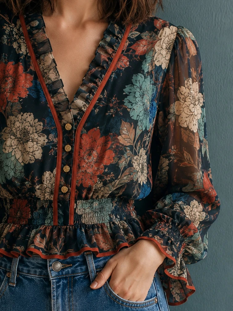 Dark Floral V-Neck Smocked Peplum Blouse