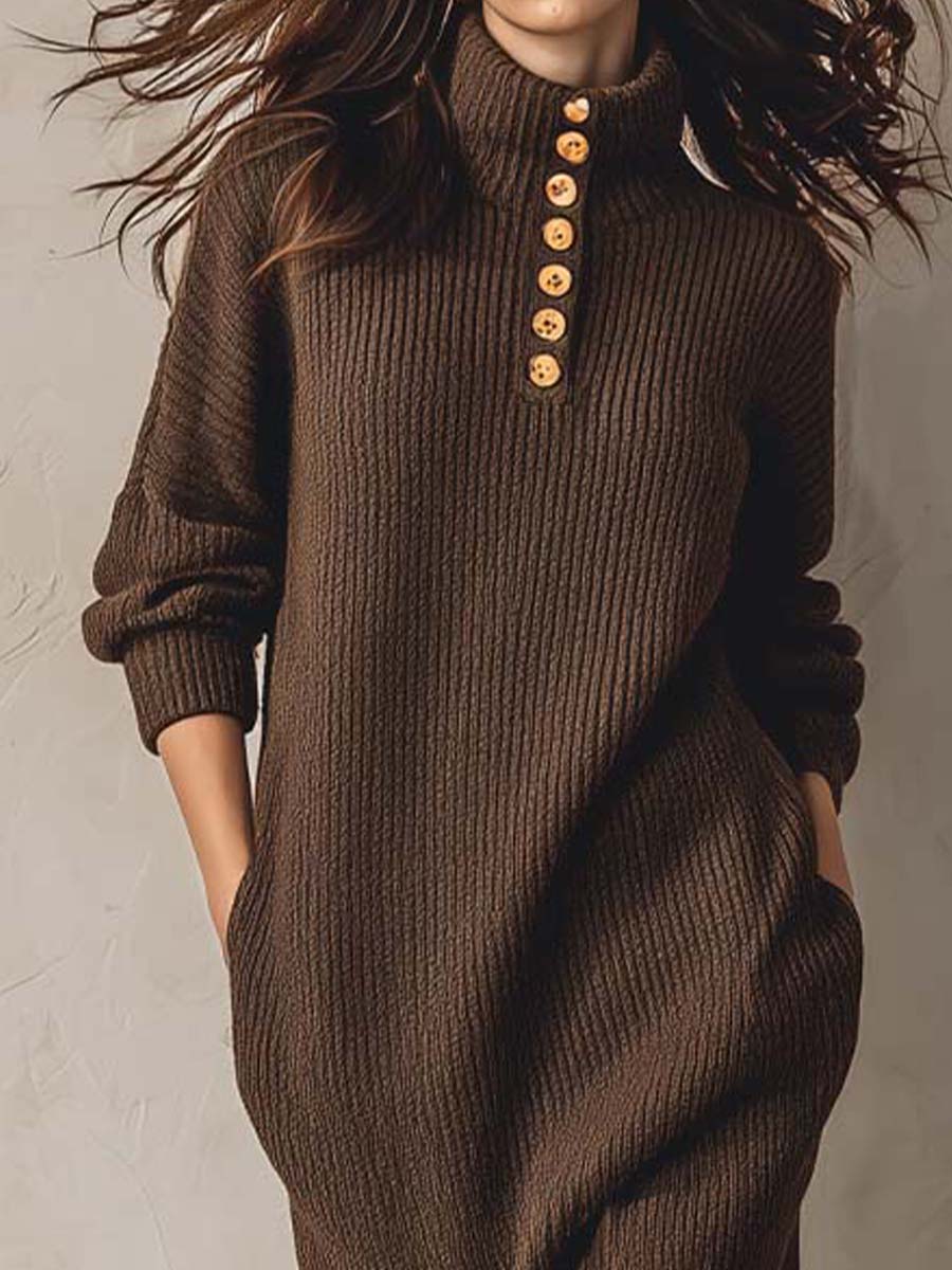 High-Neck Knit Sweater Dress With Gold Button