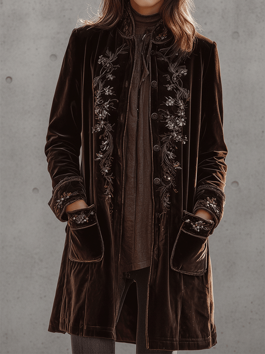 Vintage Chocolate Velvet Embroidered Long Coat