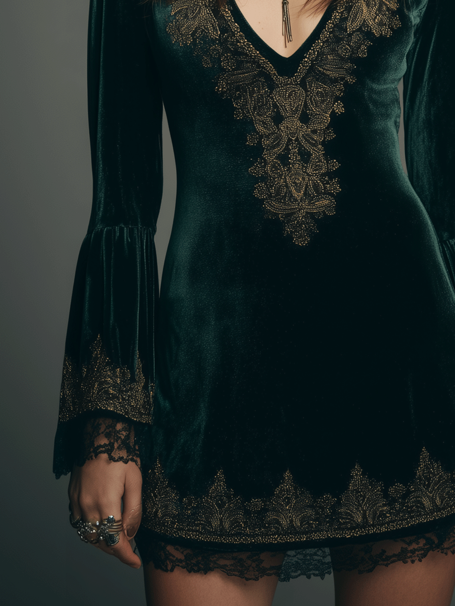 Elegant Deep Green Velvet Gold Embroidery V-Neck Lace Hem Detail  Mini Dress