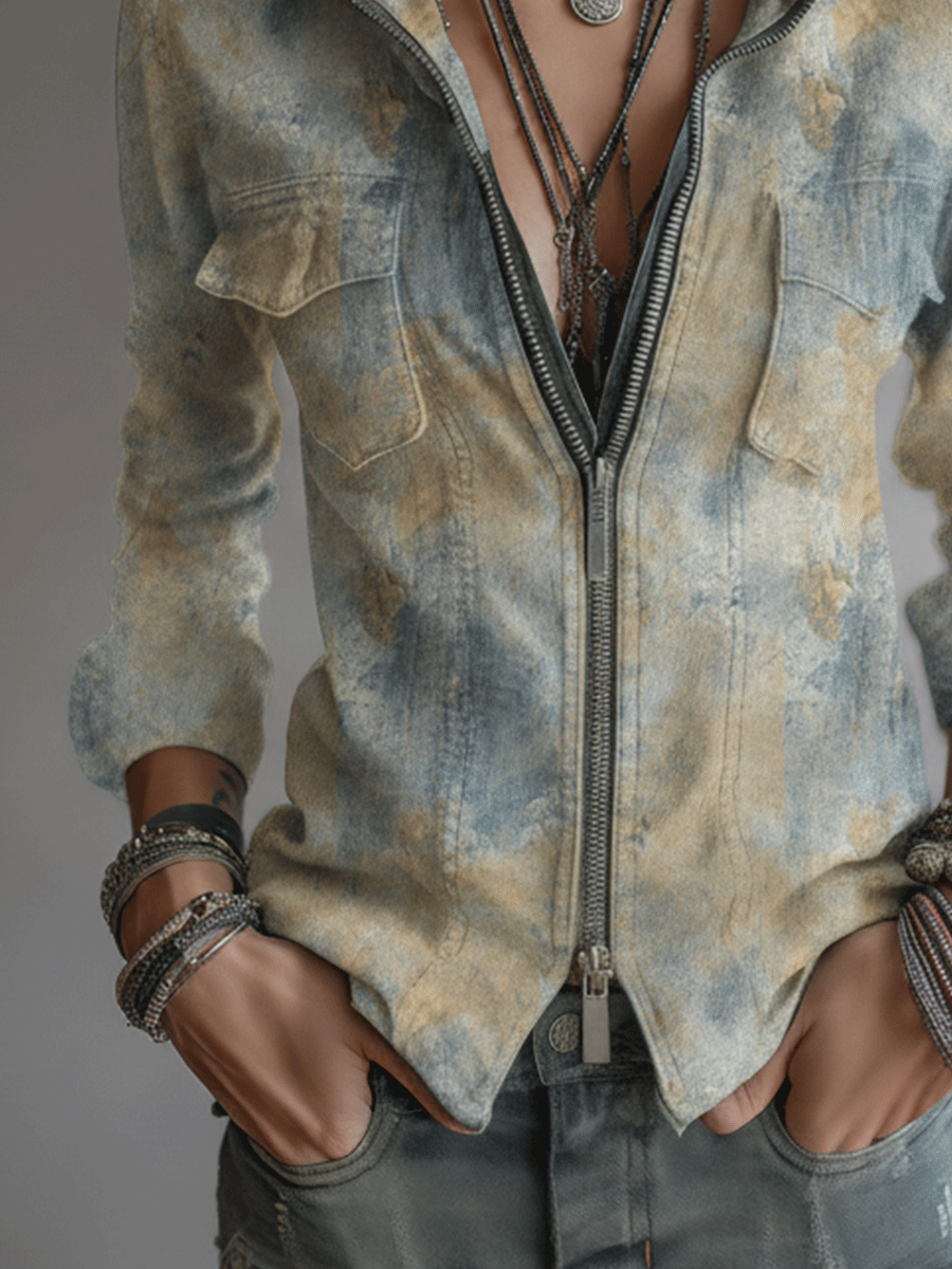 Retro Desert-Style Tie-Dye Pattern Zip-Up Shirt