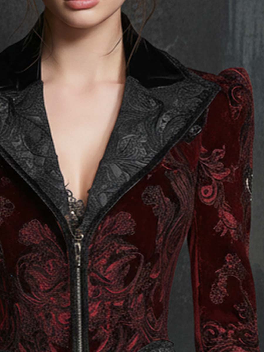 Burgundy Velvet Jacquard Jacket With Faux Fur Cuffs – Baroque Luxury