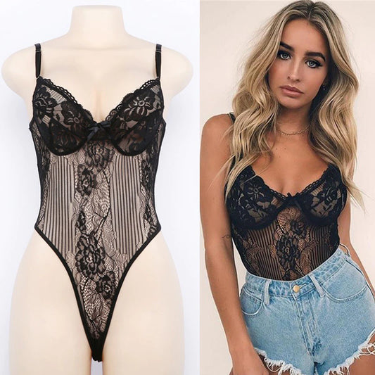 Lace Mesh Open Back Bodysuit for Women