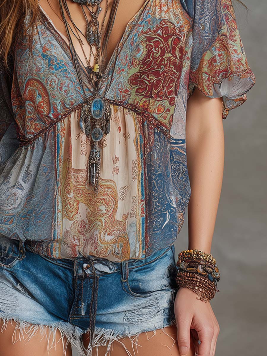 Retro Paisley Patchwork Print Chiffon Blouse