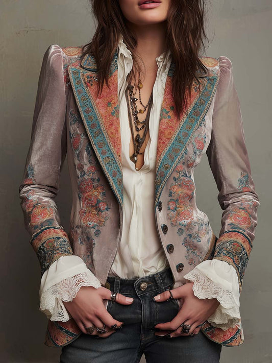 Vintage Button Floral Polyester Velvet Blazer