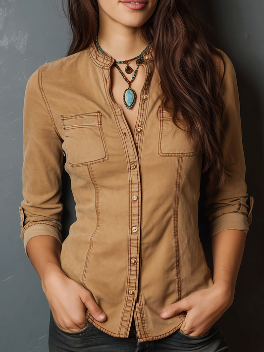 Retro Henley Collar Contrast Stitching Adjustable Cuffs Blouse