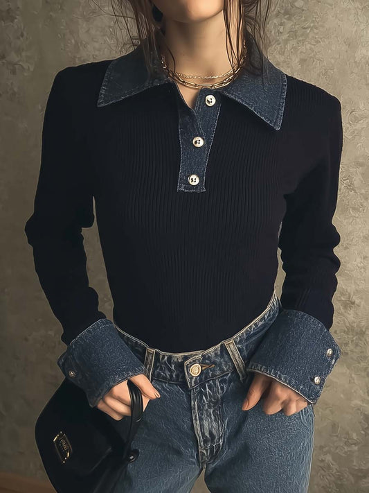 Retro Denim Collar Knit Polo Shirt