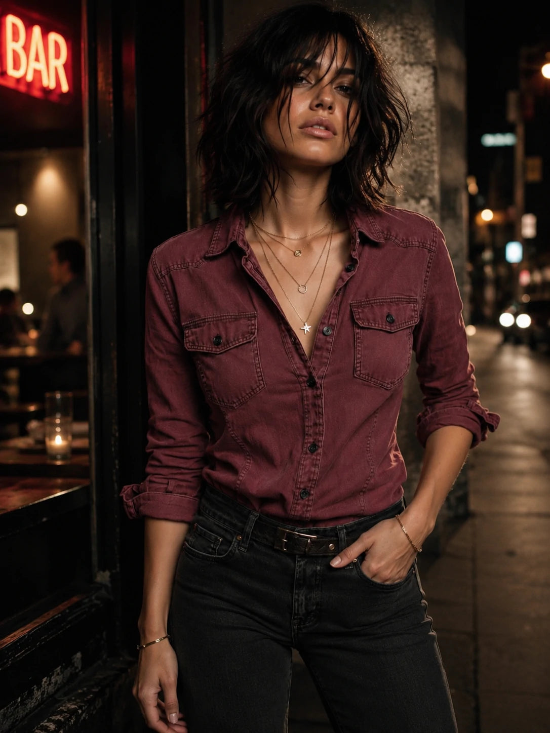 Retro Flap Chest Pocket Long-sleeved Denim Blouse