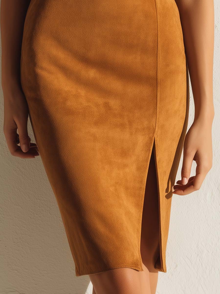 Caramel Brown Leopard Microsuede Midi Dress