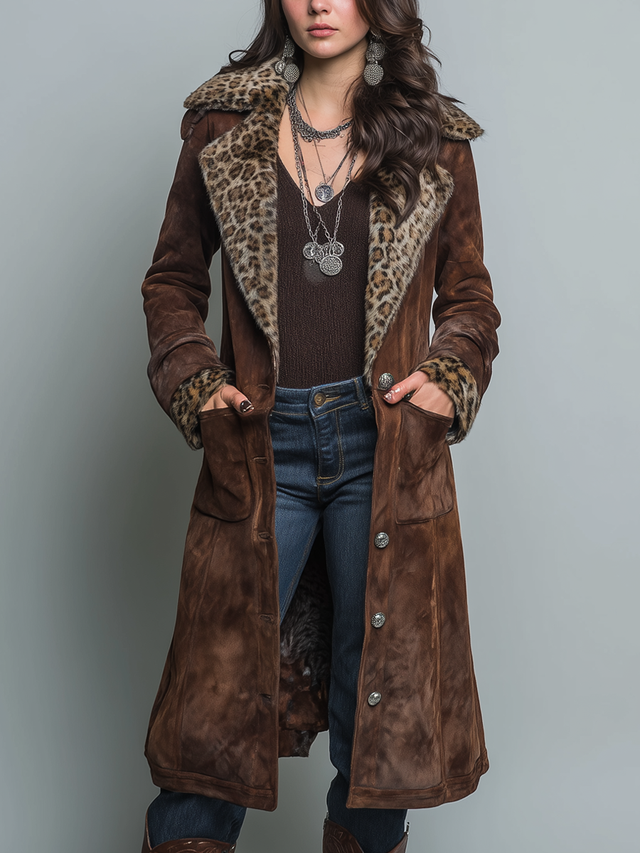 Retro Leopard Print Eco-friendly Fur Collar Polyester Suede Coat