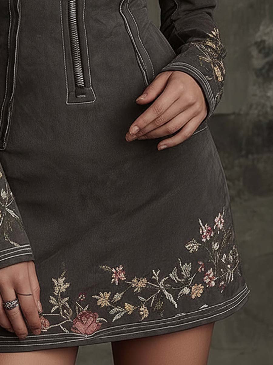 Charcoal Gray Embroidered Zip-Up Suede Mini Dress