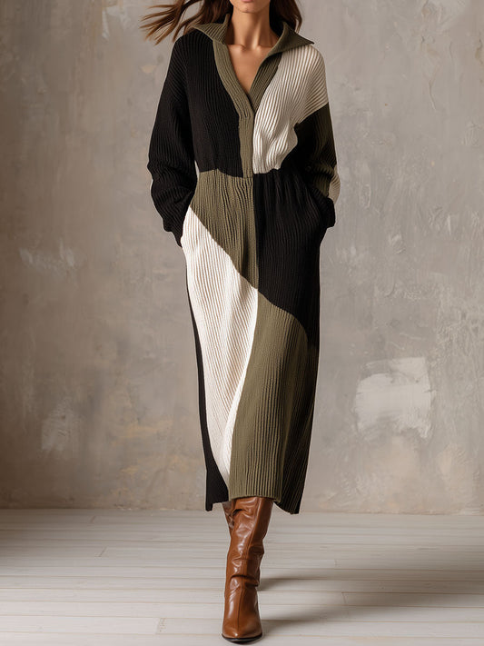 Cozy Color Block Ribbed Knit Sweater Dress