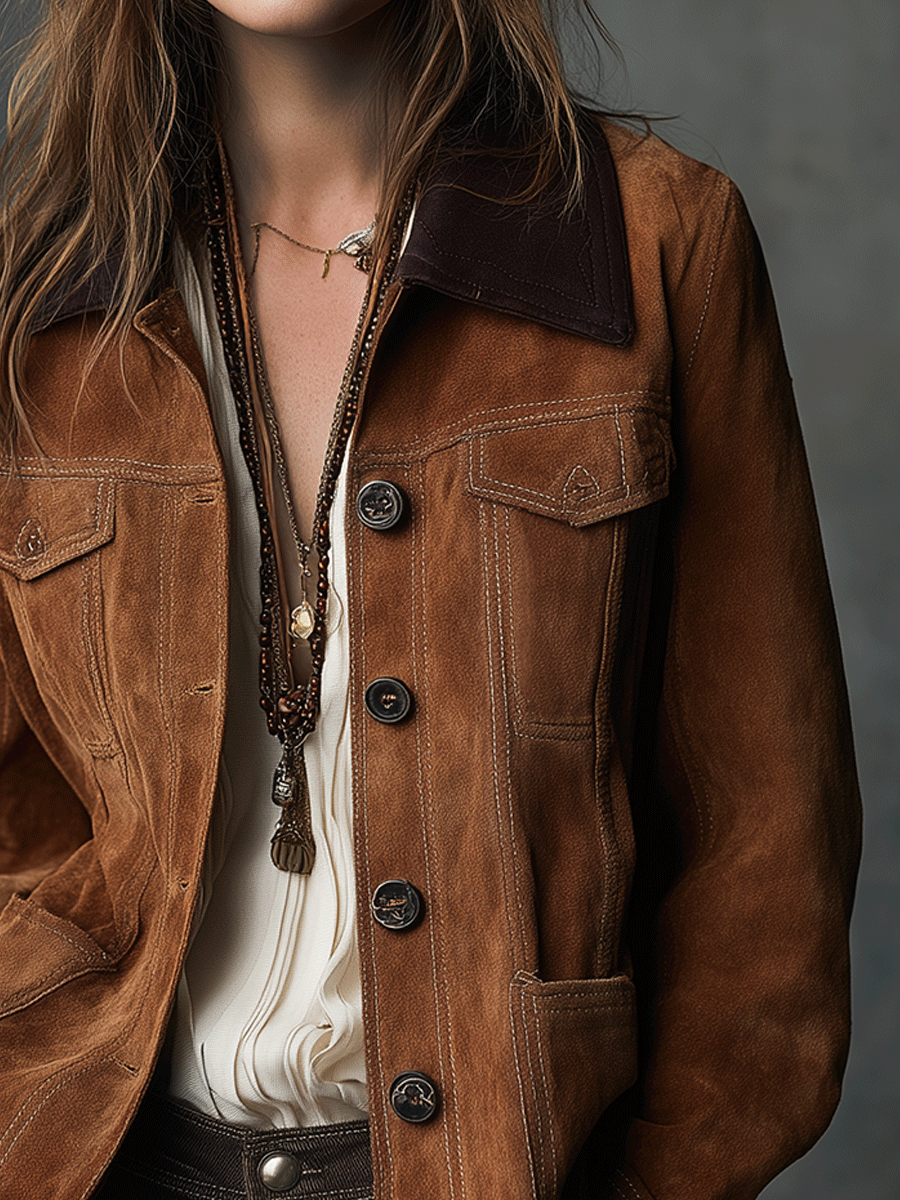 Vintage Caramel Eco-Sued Button-Down Contrast Collar Utility Jacket