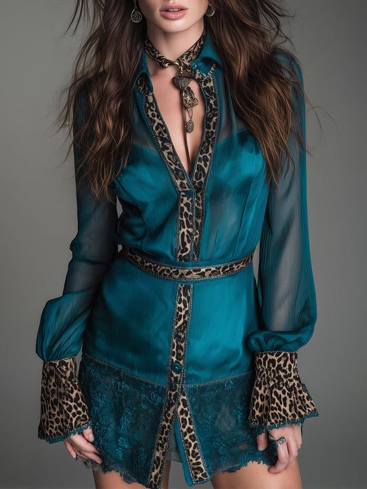 Elegant Chiffon Short Dress With Leopard Print Trim