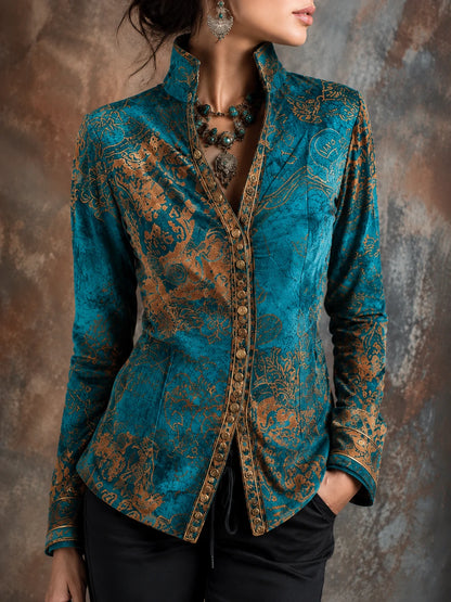 Boho Chic Vintage Peacock Blue Velvet Golden Print Fit Blouse