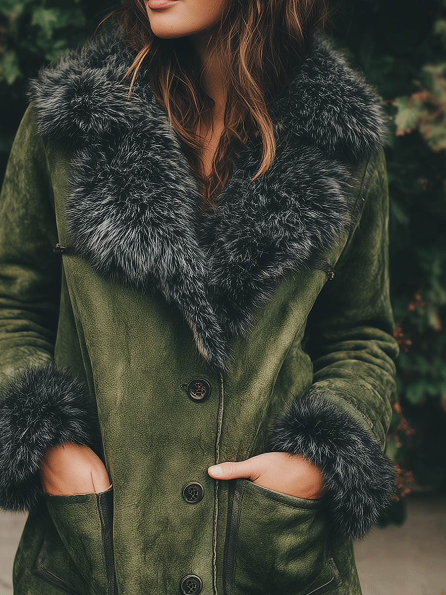 Boho Olive Faux Shearling Collar Suede Jacket