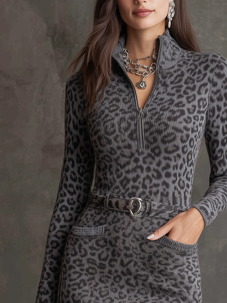 Retro Zipper Collar Leopard Knitted Mini Dress
