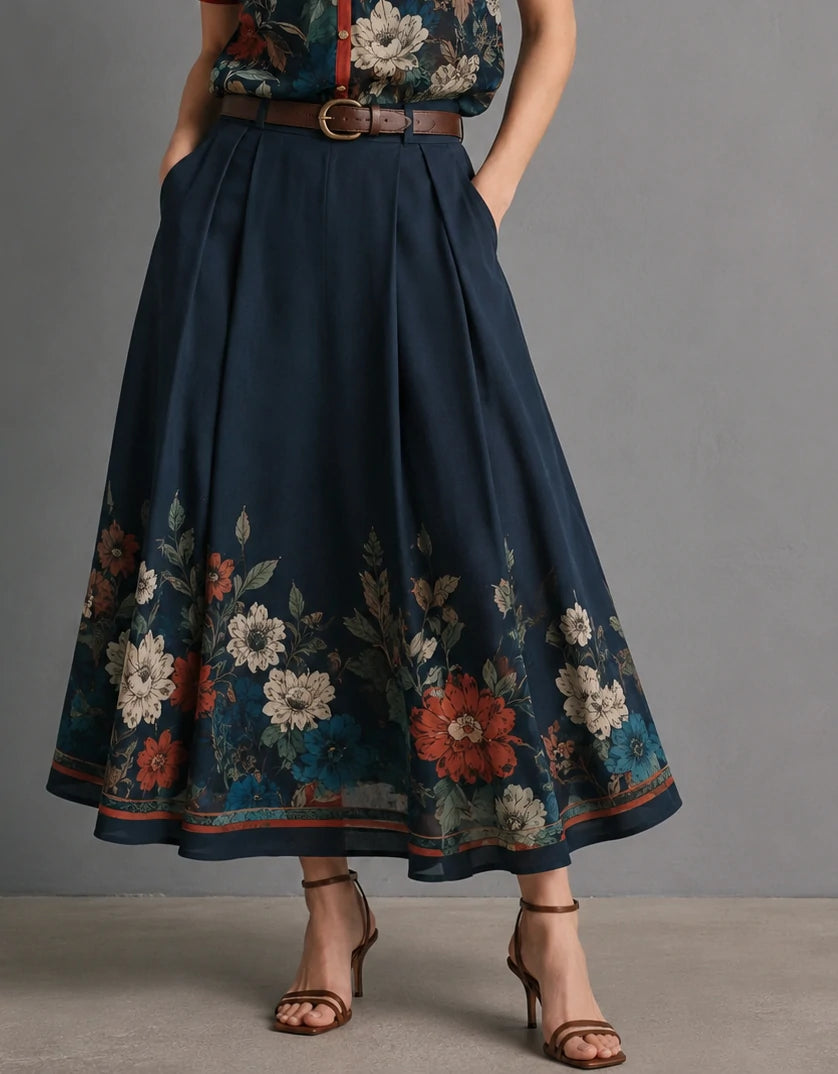 Navy Botanical Border Print Pleated Maxi Skirt