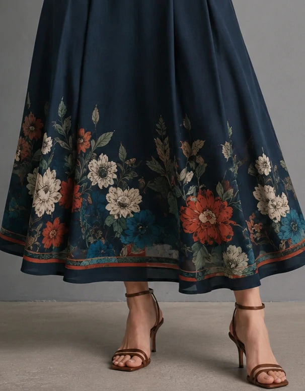 Navy Botanical Border Print Pleated Maxi Skirt