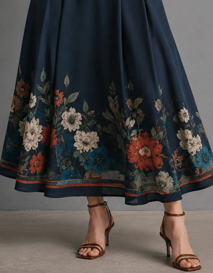 Navy Botanical Border Print Pleated Maxi Skirt
