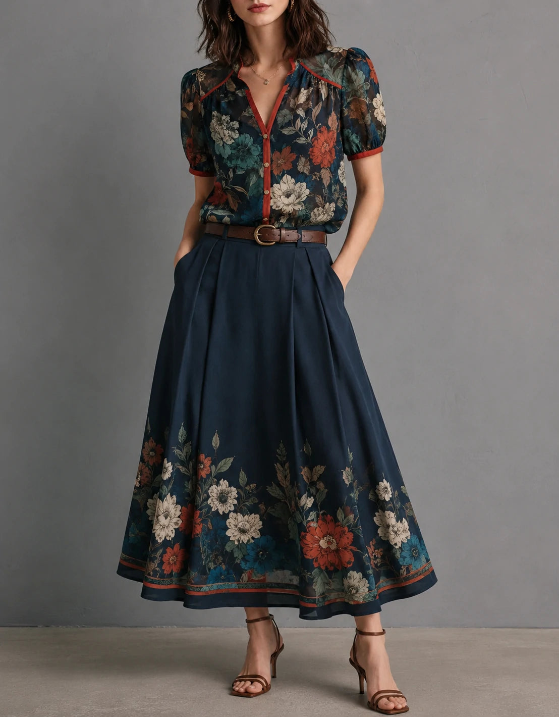 Navy Botanical Border Print Pleated Maxi Skirt