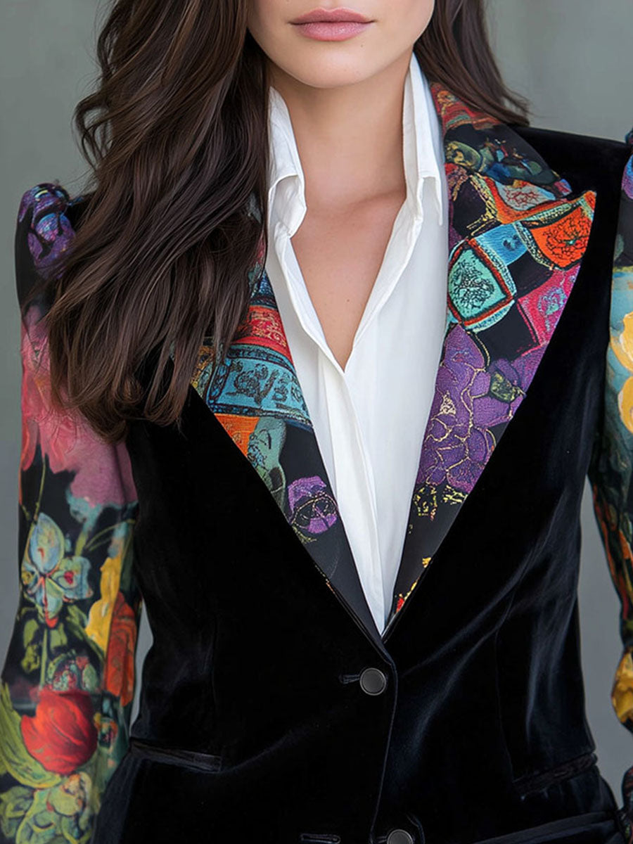 Artistic Colorful Floral Print Sleeves Tailored Blazer