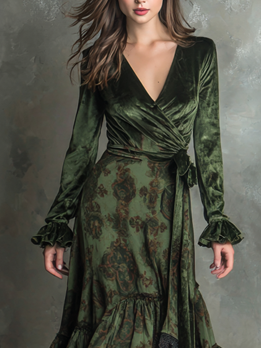 Vintage Lace Trim Polyester Velvet Satin Midi Dress