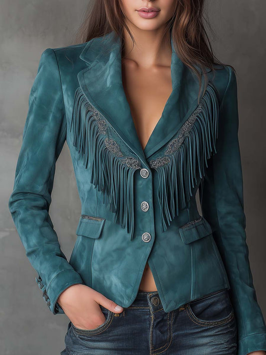 Vintage Tassel Embroidered Polyester Suede Blazer