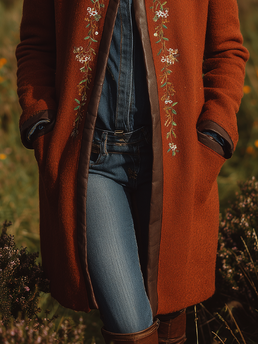 Retro Contrast Trim Embroidered Wool Blend Midi Jacket