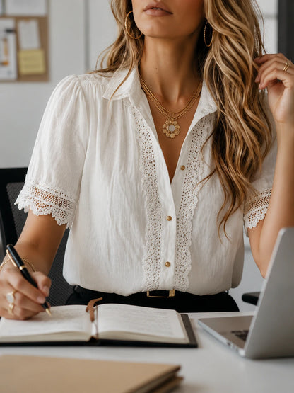 Vintage-Inspired Lace Trim White Blouse