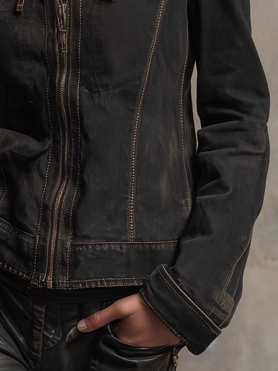 Vintage Washed Denim Jacket With Accentuated Shoulder Line