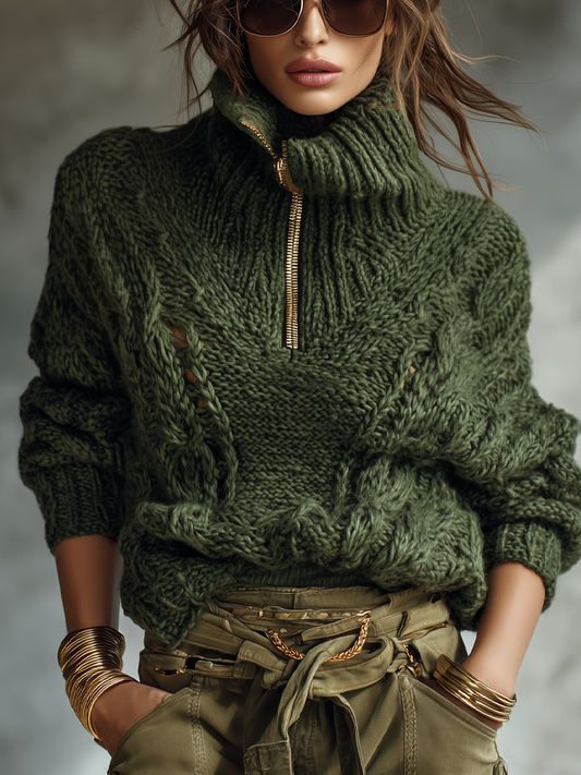 Metal Zip-up Collar Cable-knit Sweater