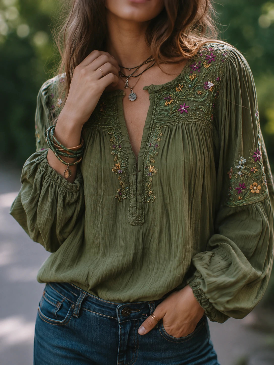 Bohe Floral Embroidered Cotton Olive Green Shirt