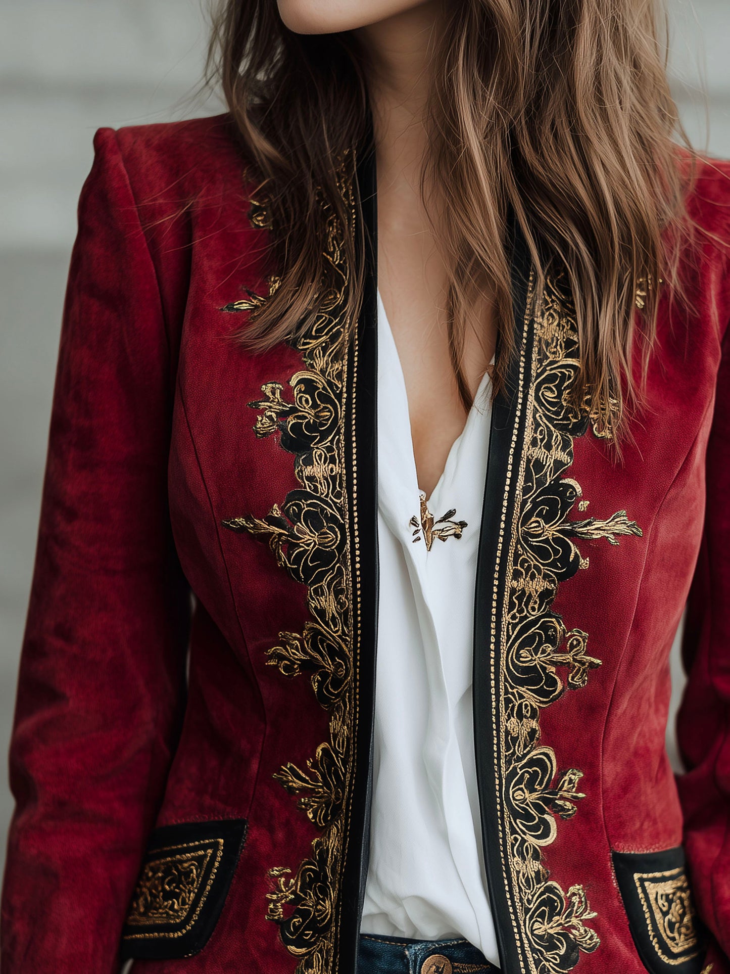 Vintage Burgundy Microsuede Embroidered Blazer With Black And Gold Trim