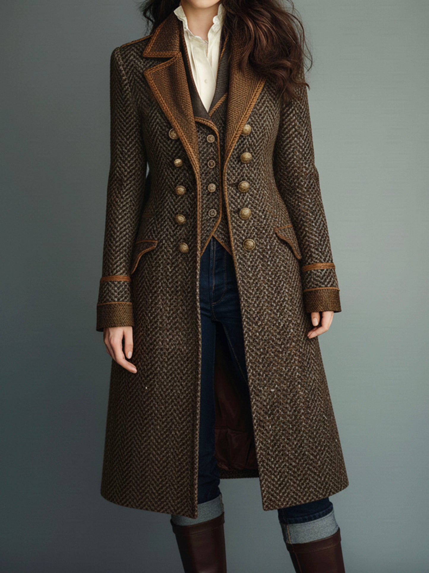 Retro Double-Breasted Herringbone Wool Long Coat