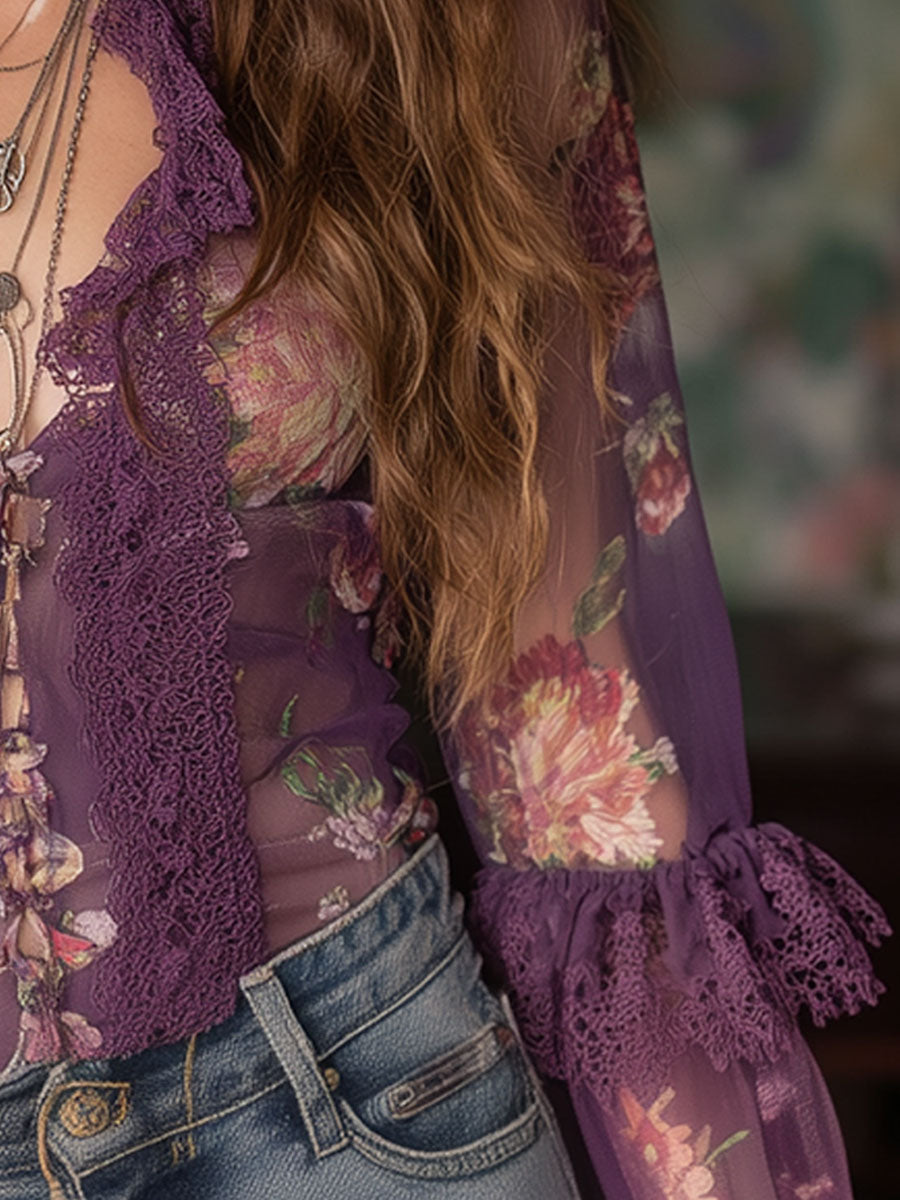 Vintage Lace Trim Long Sleeve Printed Chiffon Blouse