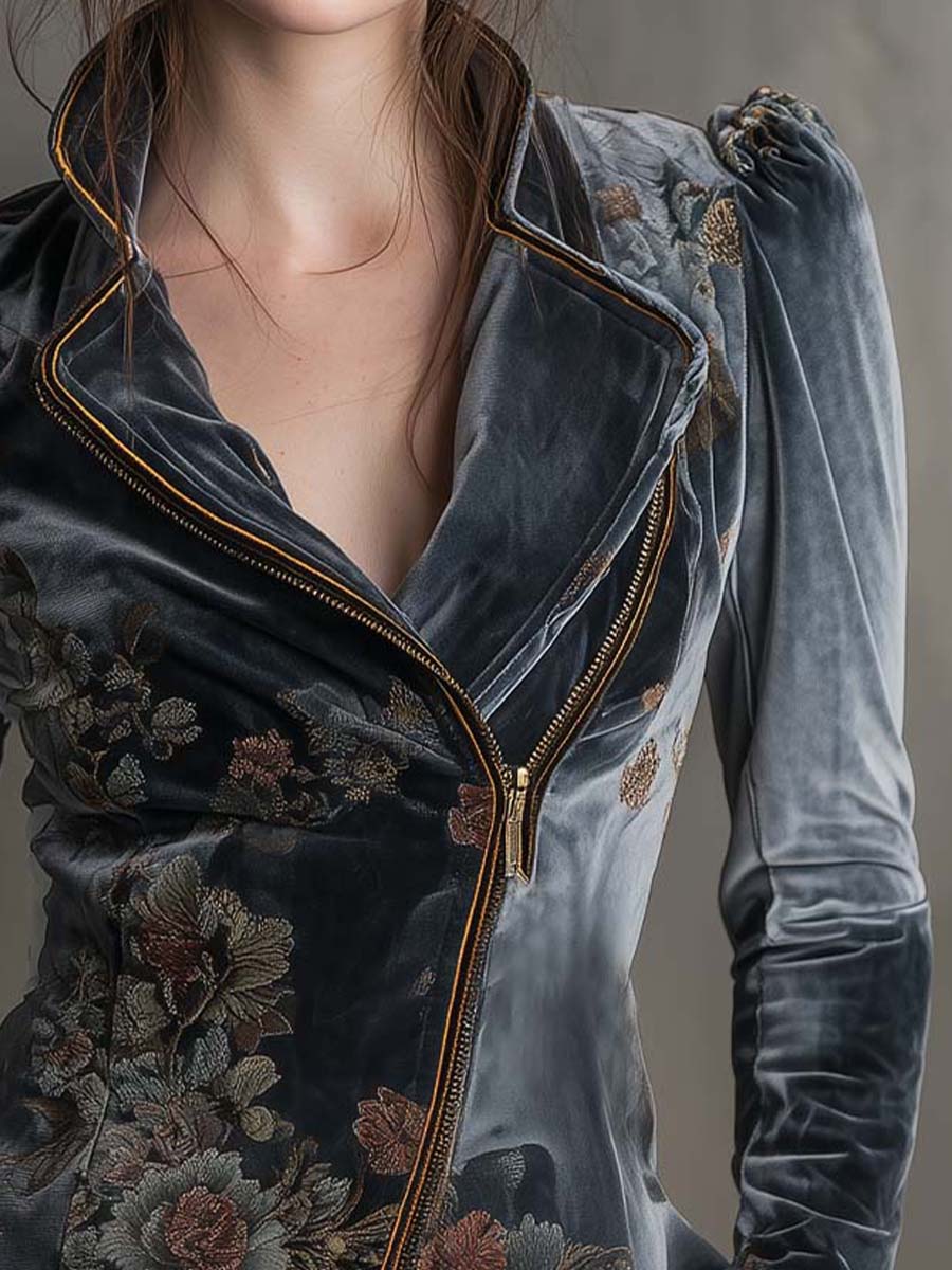 Vintage Floral Embroidered Velvet Moto Jacket – Midnight Bloom