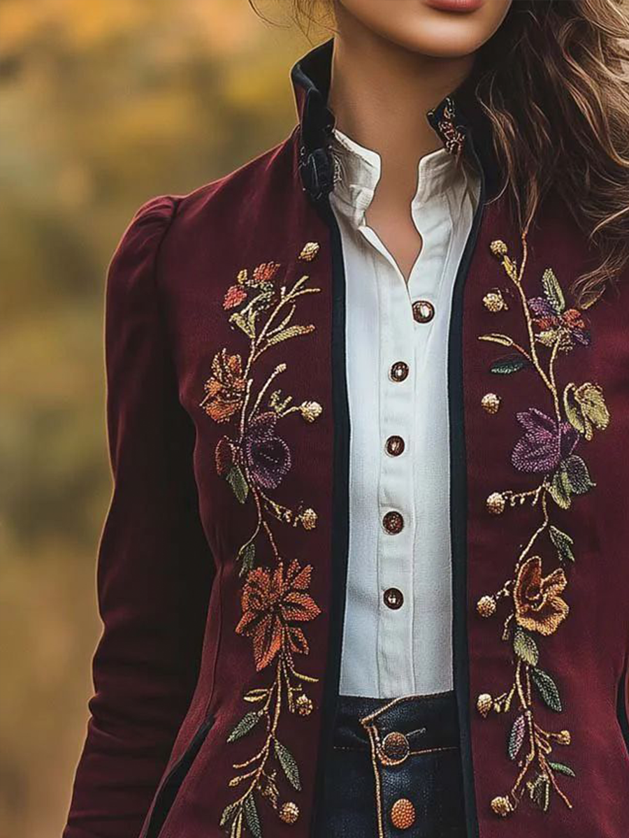 Vintage Slim-fit Stand Collar Floral Embroidered Jacket