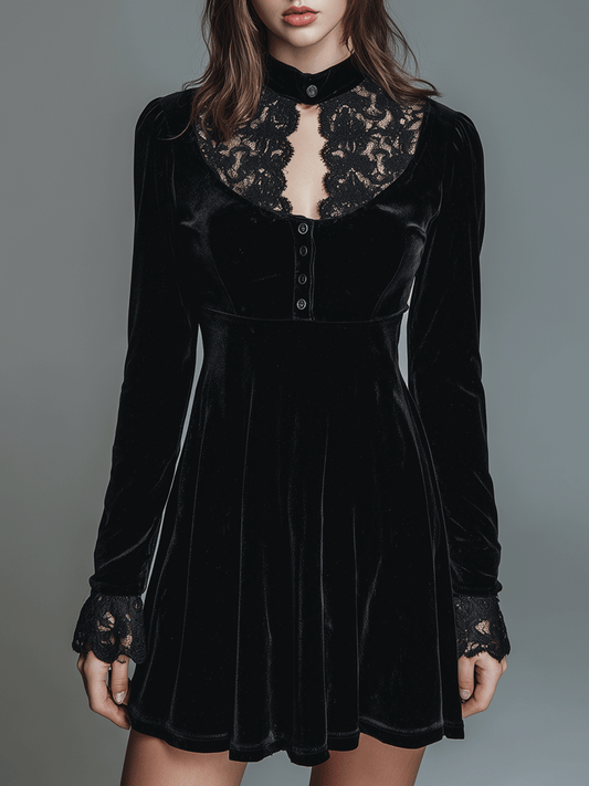 Vintage Black Velvet Lace Collar Mini Dress