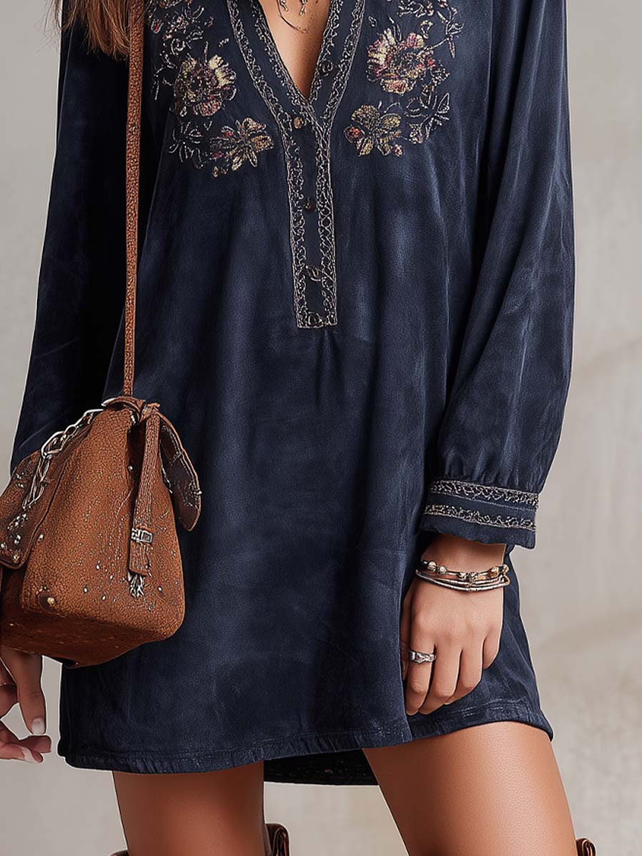 Vintage Embroidered Polyester Velvet Mini Dress