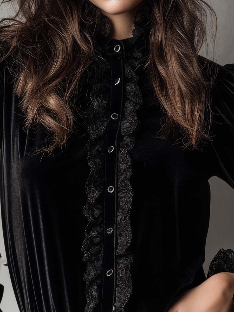 Velvet Ruffle Lace Blouse With Puff Sleeves