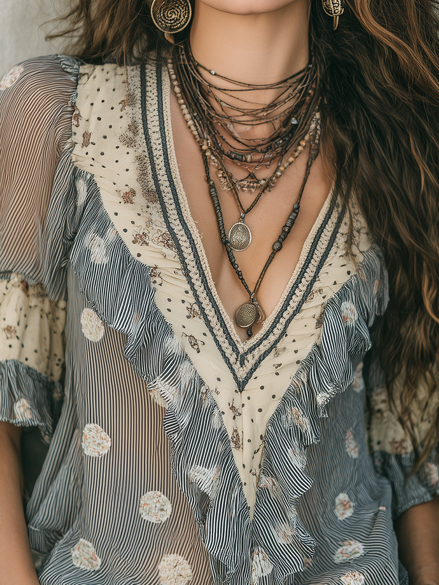 Chic Striped Chiffon V-neck Blouse With Ruffles