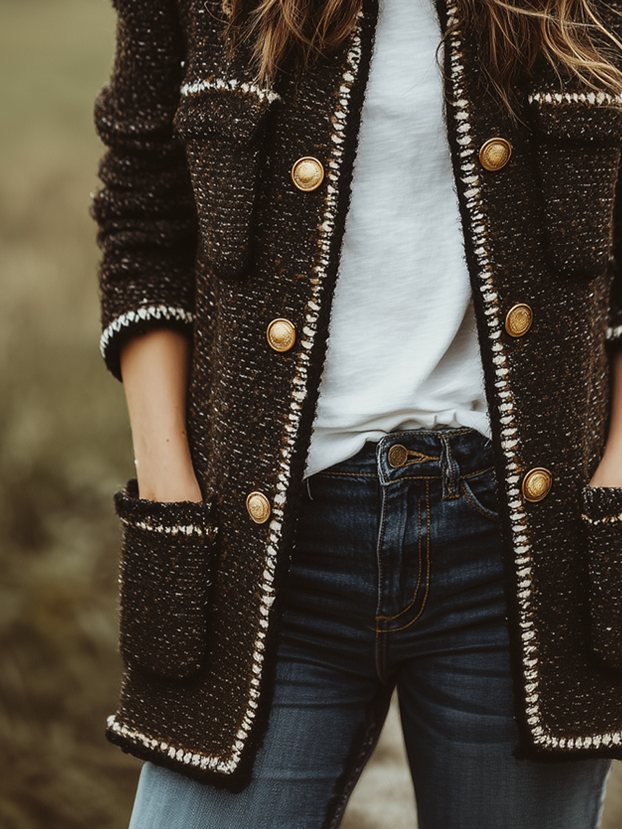 Vintage Contrast Trim Chanel Style Mid-Length Jacket