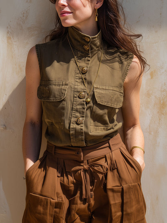 Stylish Turtleneck Washed Work Pocket Vest