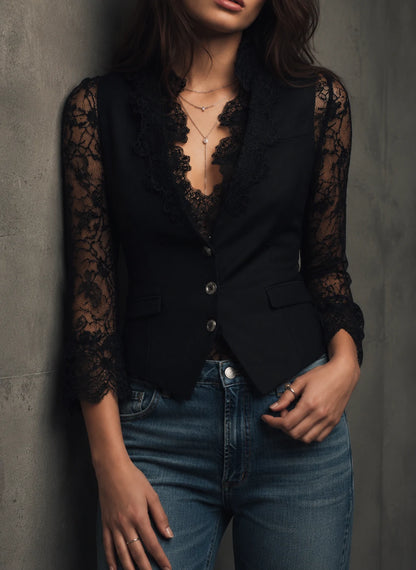 Elegant Black Lace Panel Sleeve Blazer Top Vest