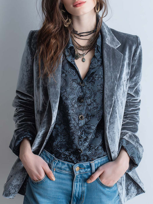 Vintage Stone Grey Lapel Velvet Blazer