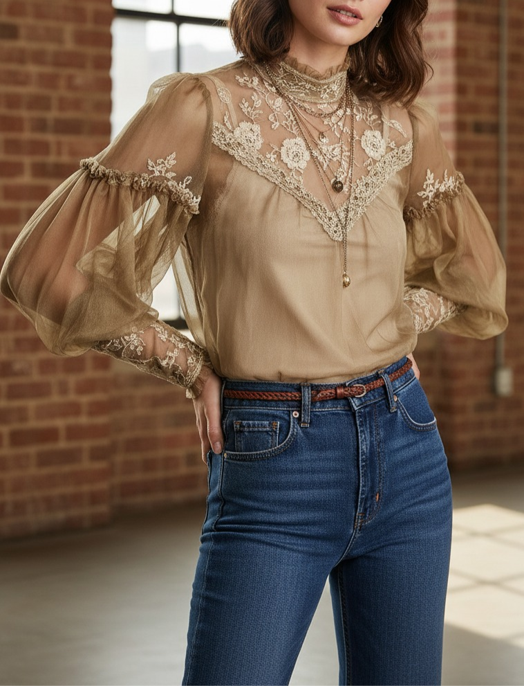 Sheer Lace-Trim Embroidered Puff Sleeves Blouse