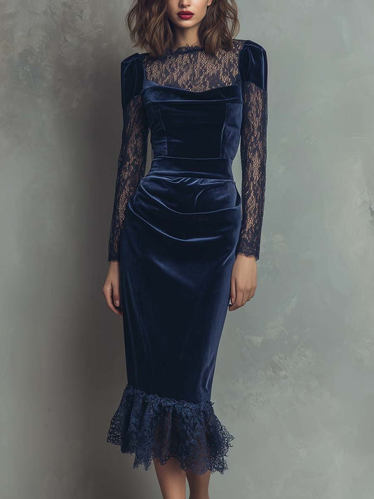 Navy Velvet Lace Midi Dress With Puff Shoulders